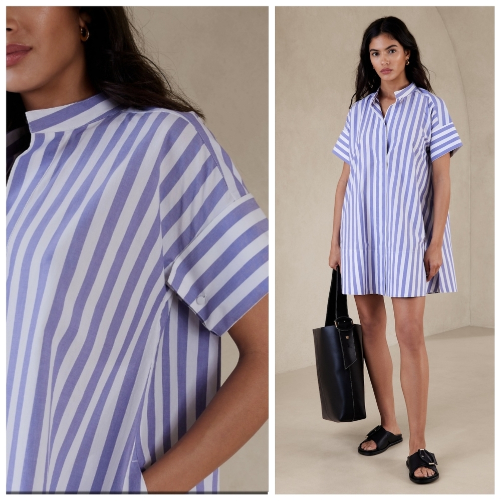 Banana Republic Rhyah Poplin Mini Dress In Bold Blue Stripe Size M/L - Picture 2 of 6